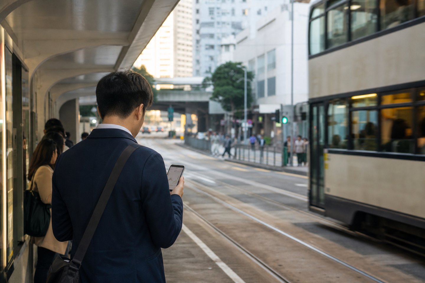 Hong Kong commuter checking a market chart at a tram stop
