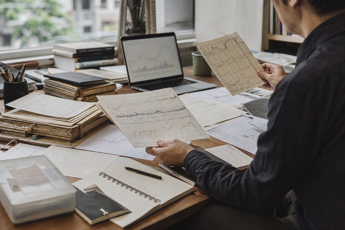 Researcher comparing historical charts at an editorial desk