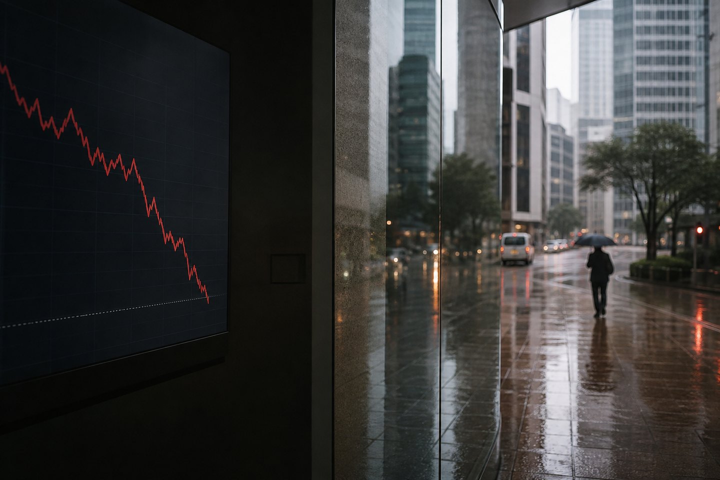 Rainy Hong Kong street beside a falling market chart