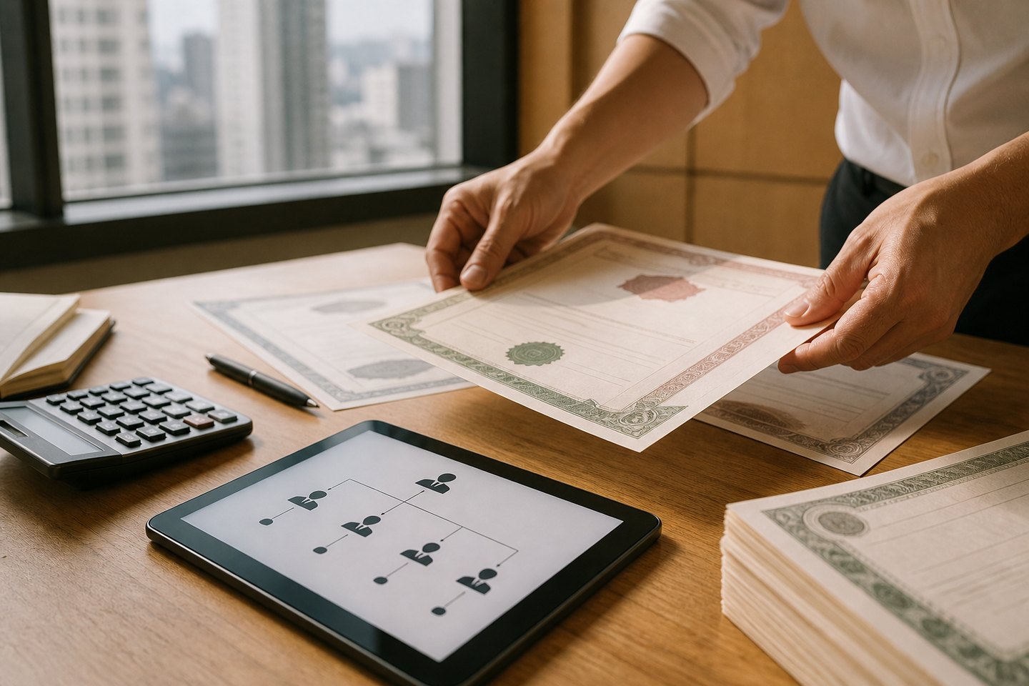 Hands arranging securities documents and an ownership diagram