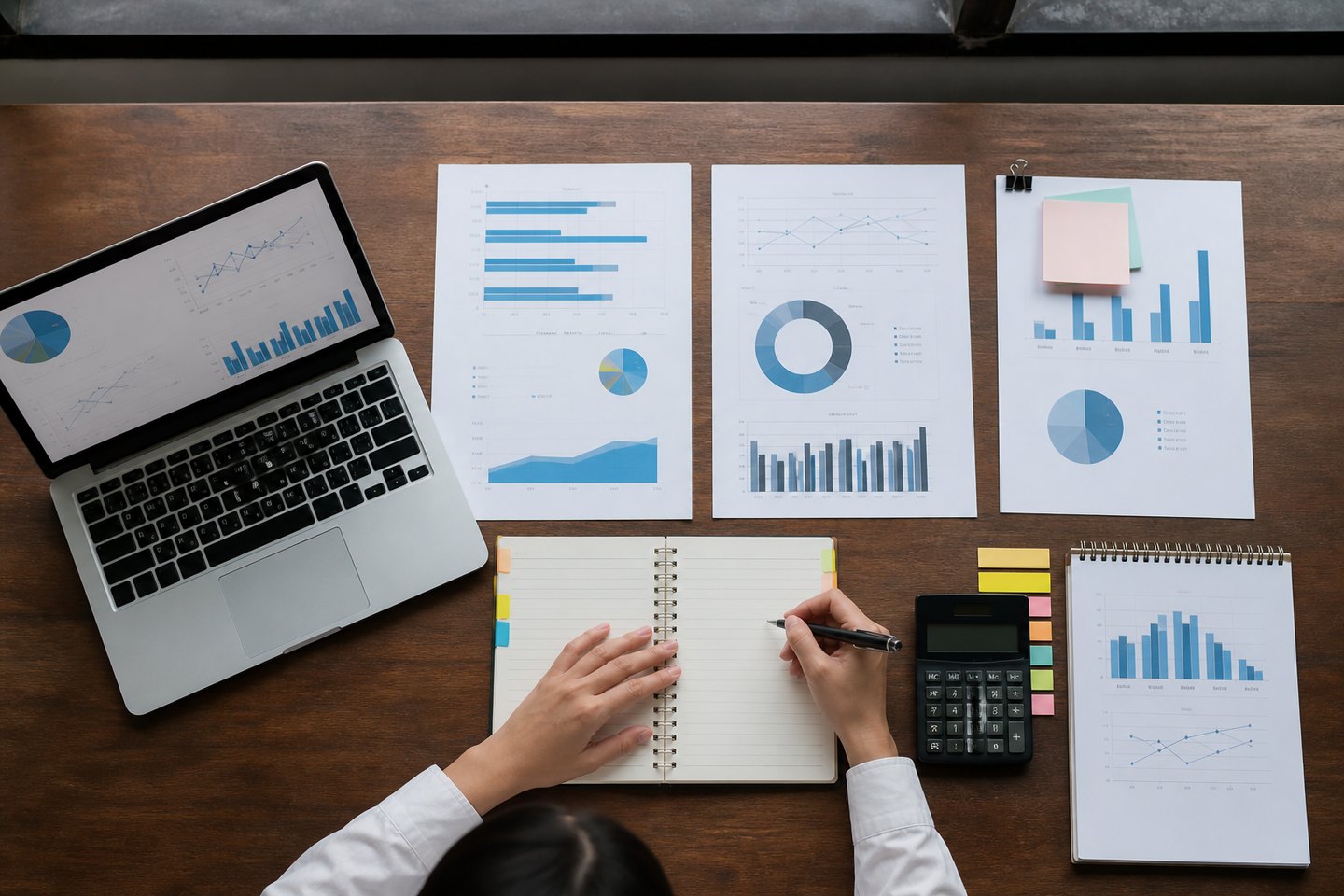 Top-down view of a six-step market research workflow