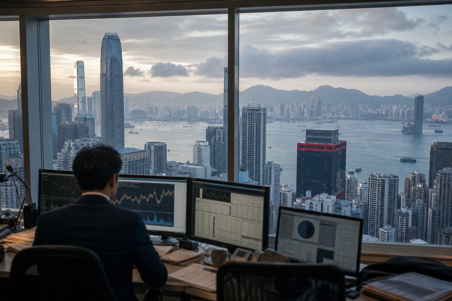 An analyst viewing market charts above Hong Kong's harbour-side business district