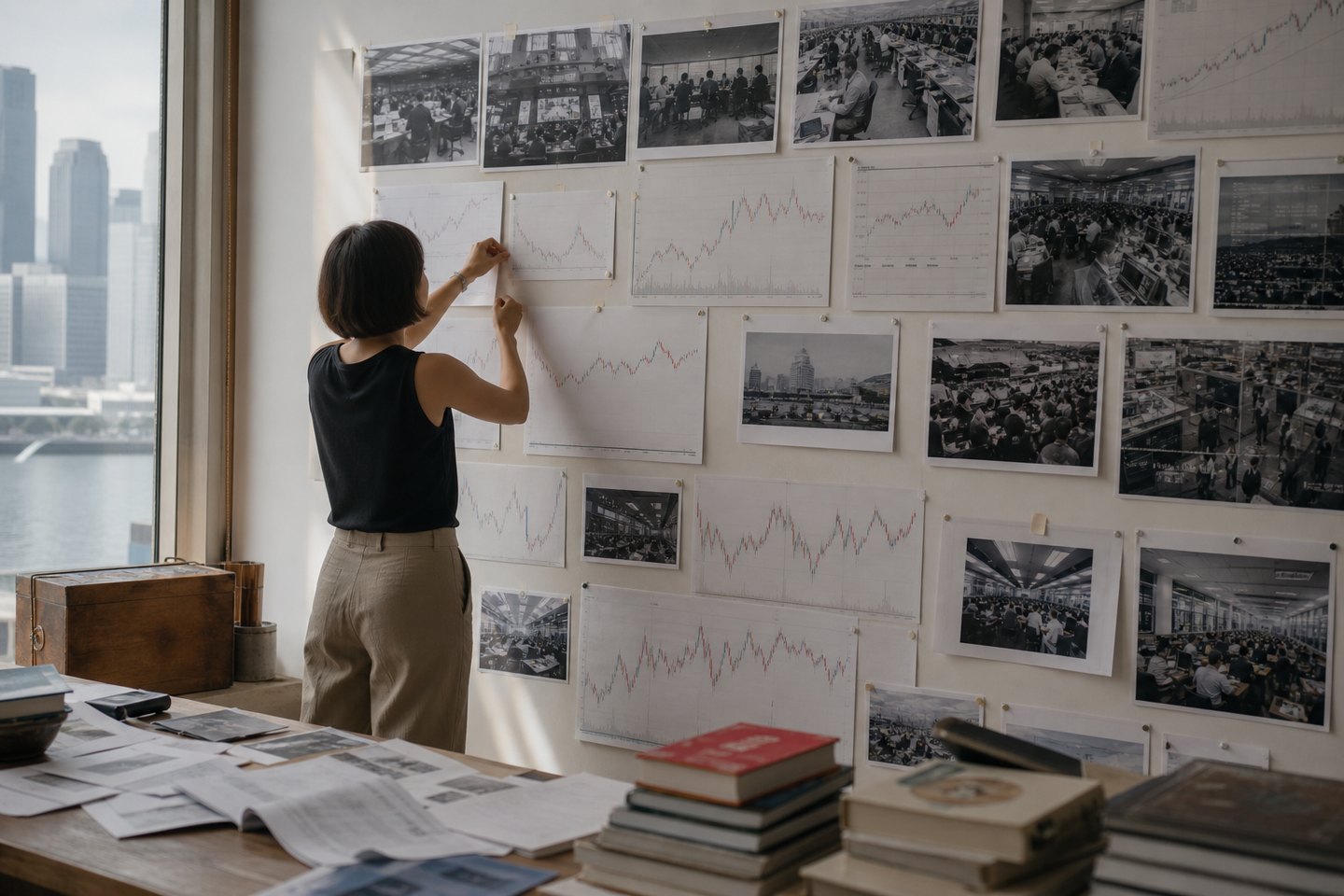 Editor arranging a wall of historical market evidence